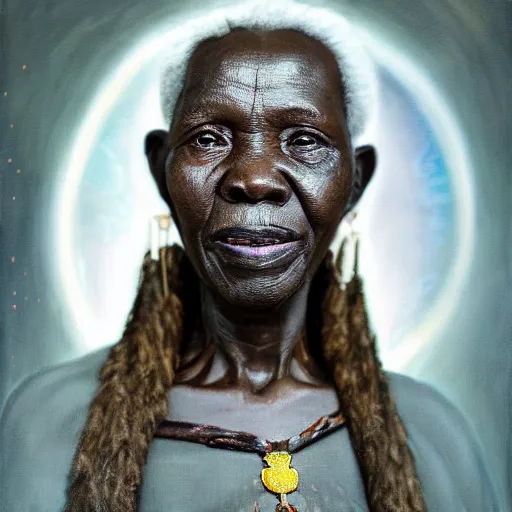 Prompt: a painting of a wise elder from Kenya by Wangechi Mutu . dramatic angle, ethereal lights, details, smooth, sharp focus, illustration, realistic, cinematic, artstation, award winning, rgb , unreal engine, octane render, cinematic light, macro, depth of field, blur, red light and clouds from the back, highly detailed epic cinematic concept art CG render made in Maya, Blender and Photoshop, octane render, excellent composition, dynamic dramatic cinematic lighting, aesthetic, very inspirational, arthouse.