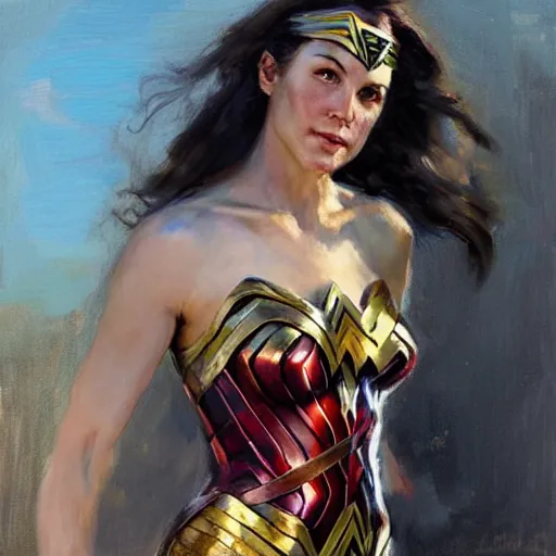 Image similar to portrait of Wonder Woman in the morning sun, Danile Gerhartz, oil painting