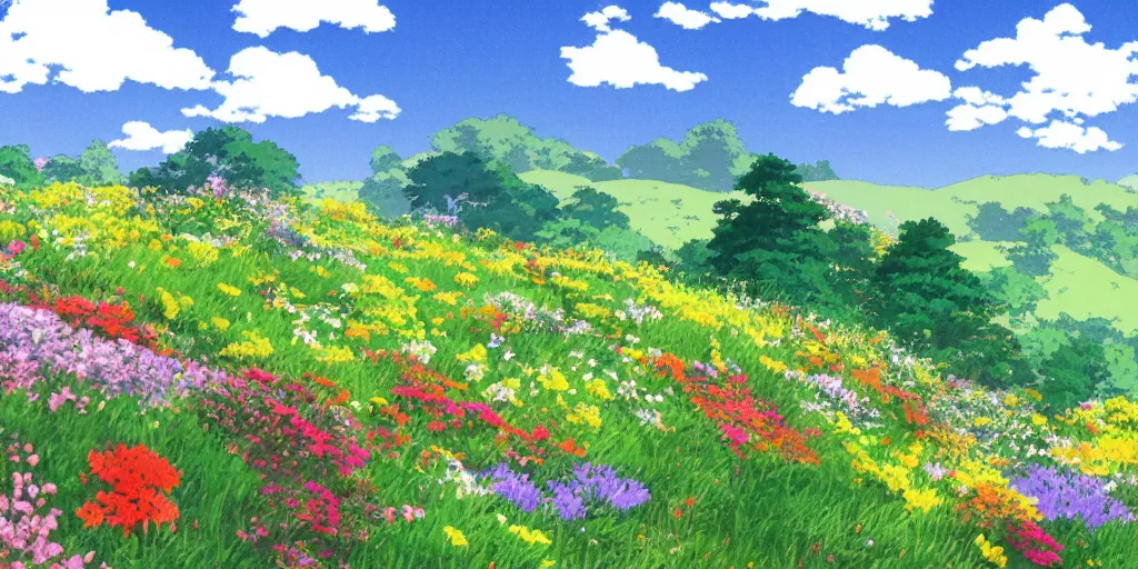 Prompt: a peaceful mountain overlooking a field, many colorful flowers, studio ghibli