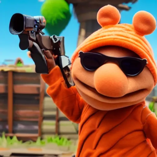Prompt: bip bippadotta from the muppets as a fortnite character, wearing sunglasses, fuzzy orange puppet, in fortnite, holding a gun, 3 d unreal engine render