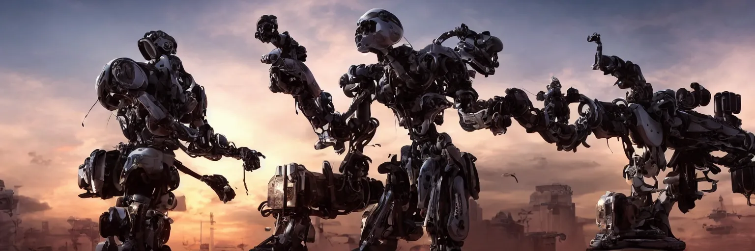 Prompt: A futuristic science-fiction mechanical skull robot is holding PKM machine gun in hand, sniper rifle on his back, his pet mechanical dog barking ferociously with fangs out, bones scattered on road, evening sunset, photorealistic, 4k, ultra realistic, unreal engine, octane render, artstation