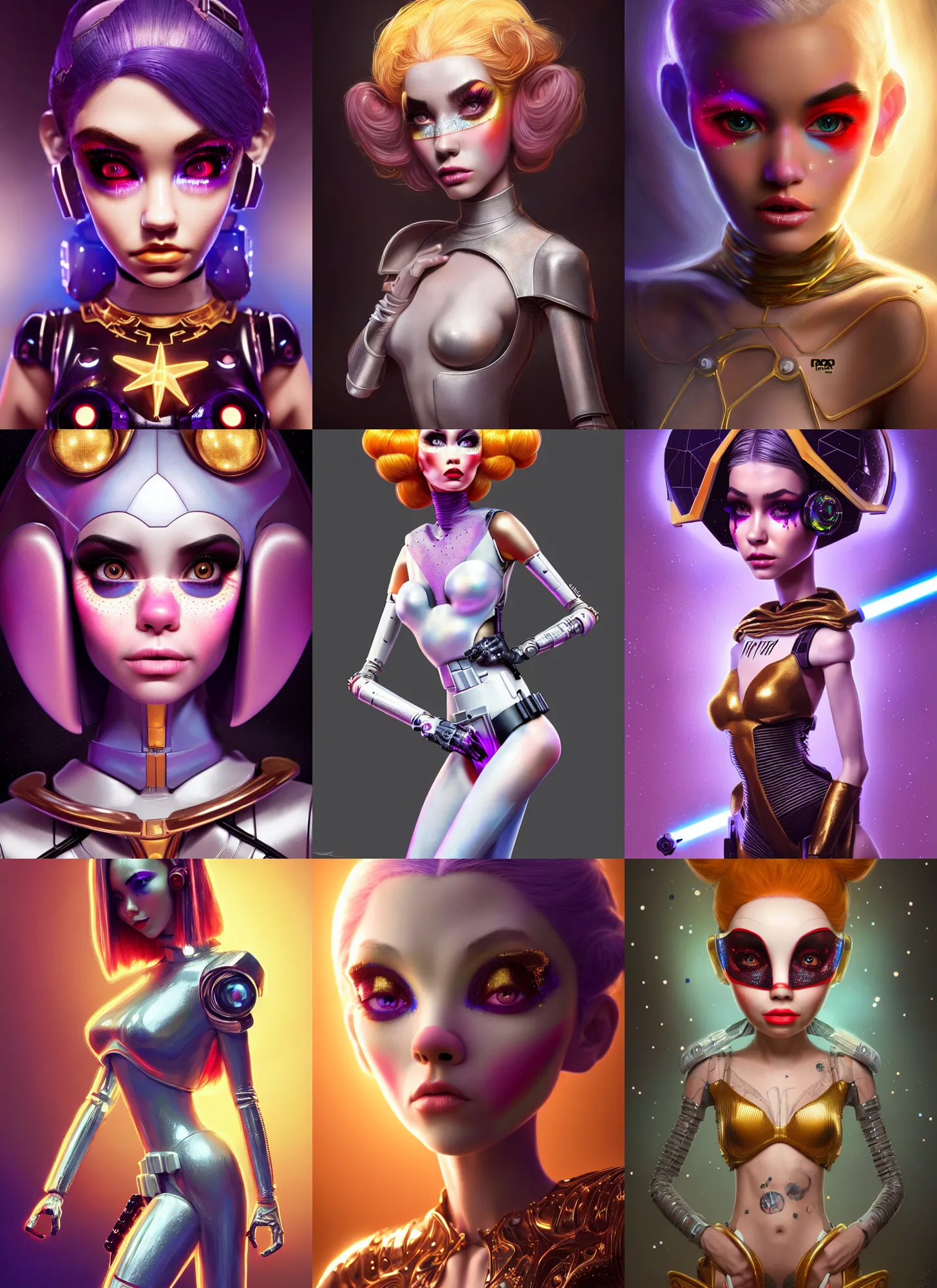 Prompt: pixar portrait 8 k photo, beautiful white star wars gogo dancer clowncore madison beer cyborg, golden ratio details, sci - fi, fantasy, cyberpunk, intricate, elegant, highly detailed, digital painting, ever after high, octane render, artstation, concept art, smooth, sharp focus, illustration, art by artgerm, loish, wlop