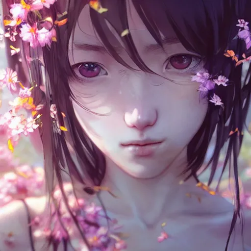 Image similar to terrifying closeup portrait of a beautiful carefree catgirl covered in strings of flowers, by katsuhiro otomo, yoshitaka amano, nico tanigawa, artgerm, greg rutkowski makoto shinkai takashi takeuchi rendered with intense 3 d effect reflective shadowing, cinematic lighting, hyperrealistic illustration uhd 8 k