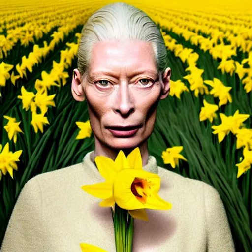 Image similar to medium shot, tilda swinton face fused with daffodil, head covered with leaves, inside the flower, daffodils field, highly detailed, shallow depth, bokeh, codachrome, polaroid, unreal engine, 3 d art, digital art, painting by greg rutkowski