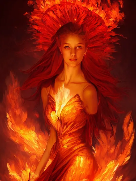 Prompt: portrait of a fire fairy, dress made of fire, fiery wings, obsidian skin, red eyes, highly detailed, smooth, sharp focus, chiaroscuro, digital painting, artgerm and greg rutkowski and alphonse mucha