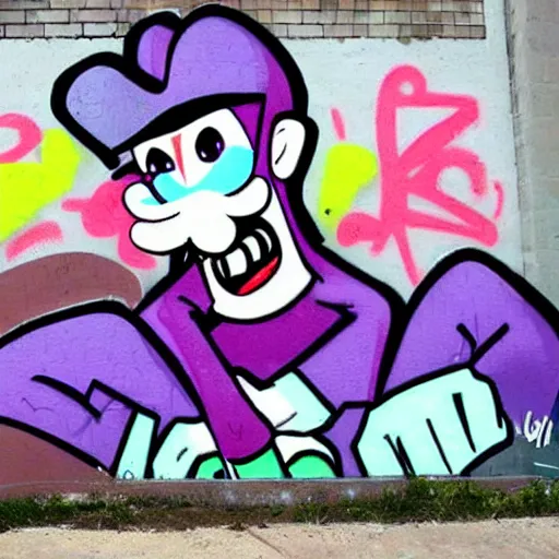 Image similar to waluigi crying, graffiti, photo