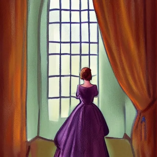 Image similar to a woman in an open dress royal dress looking out a castle window, ArtStation trending, detailed, digital art, calm colors, 1930s Childrens book