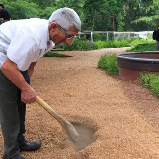 Image similar to a photo of Anthony Fauci shoveling elephant poop at the zoo, he is dressed in a tan uniform