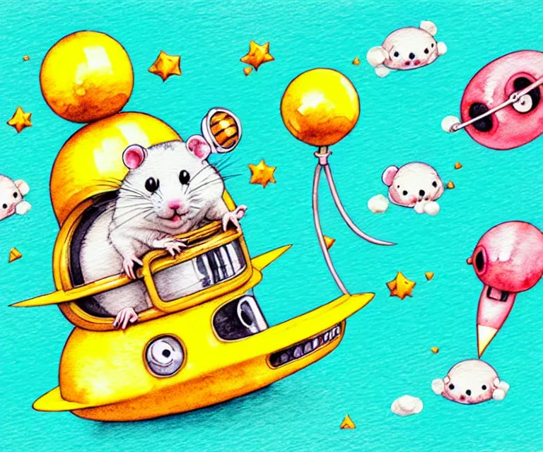 Image similar to cute and funny, hamster wearing a helmet riding in a tiny rocket ship, ratfink style by ed roth, centered award winning watercolor pen illustration, isometric illustration by chihiro iwasaki, edited by range murata, tiny details by artgerm and watercolor girl, symmetrically isometrically centered, focused