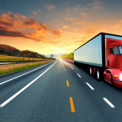 Prompt: a photorealistic picture of a truck on a busy highway at sunset