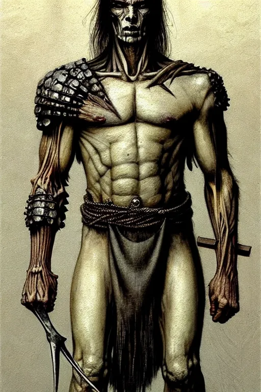 Prompt: character concept art, full view. a large grayskinned covered in scars muscular calm man with black shorn hair. calm face. partially dressed in armor made entirely of bones, long loincloth, thick belt, kneepads. extremely high details, solo, realistic, masterpiece, art by beksinski, arthur rackham, dariusz zawadzki