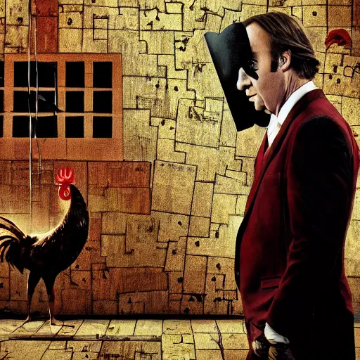 Image similar to saul goodman and a rooster in a saw movie torture chamber, saw movie jigsaw background, saul goodman, rooster, photo