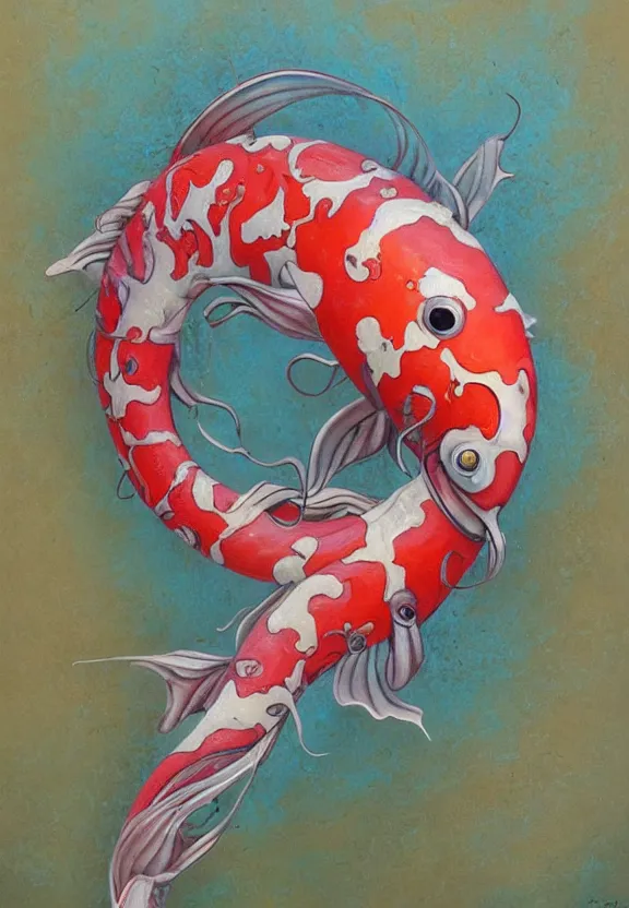 Image similar to a biomorphic painting of a koi, flower, surrealist painting by krenz cushart and dorothea tanning, pastel blues and pinks, melting, plastic, featured on artstation, tentacles, pink bees, metaphysical painting, oil on canvas, fluid acrylic pour art, airbrush art, concept art hyper realistic, rococo, lovecraftian