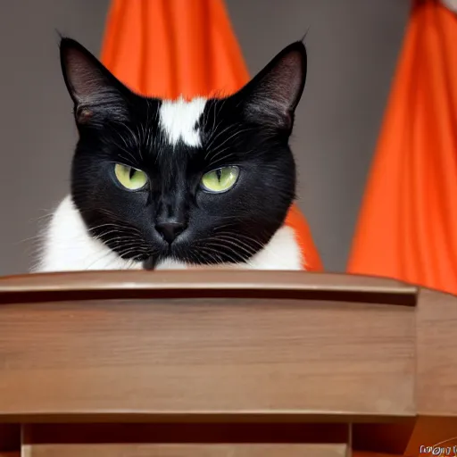 Image similar to cat sitting over a podium on stage addressing bjp karyakarta, ani, sony a 7 r