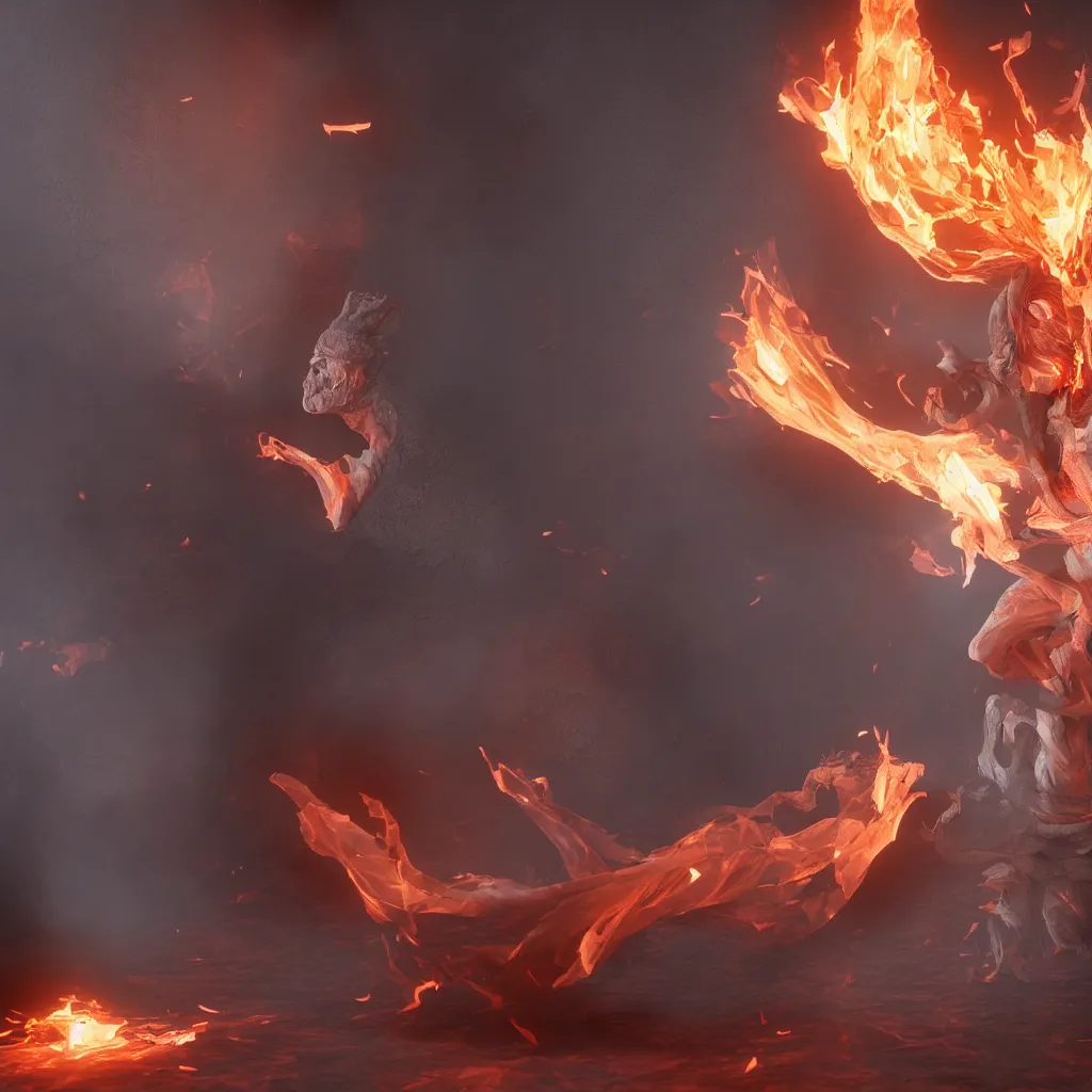 Image similar to a fire spirit chilling in a refrigerator, 3d render, ray tracing, 8k resolution, fantasy