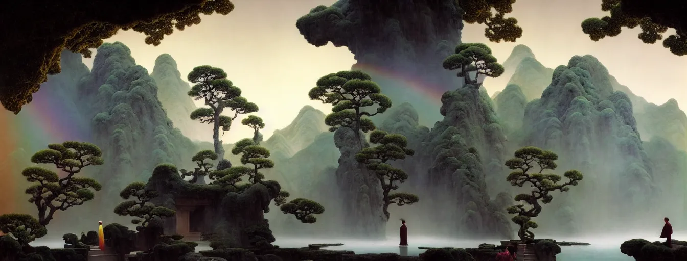 Image similar to a gorgeous landscape painting by barlowe wayne, maxfield parrish and marco mazzoni. chinese temple. rainbow, rainy mood!! sunny morning. a lonely chinese wuxia walks on the winding stone steps, stone gate to the dark cave, 3 d, octane render, turbulent lake, waterfall, fog, 8 k.
