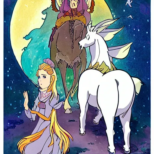 Image similar to the last unicorn in the style of studio ghibli