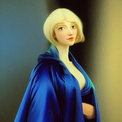 Image similar to a young woman's face, her hair is white and she wears an indigo blue satin cloak, by ivan aivazovsky and syd mead and moebius and gaston bussiere and roger dean and pieter claesz and paul delaroche and aelbert cuyp and willam claesz, hyperrealistic, volumetric light, octane render
