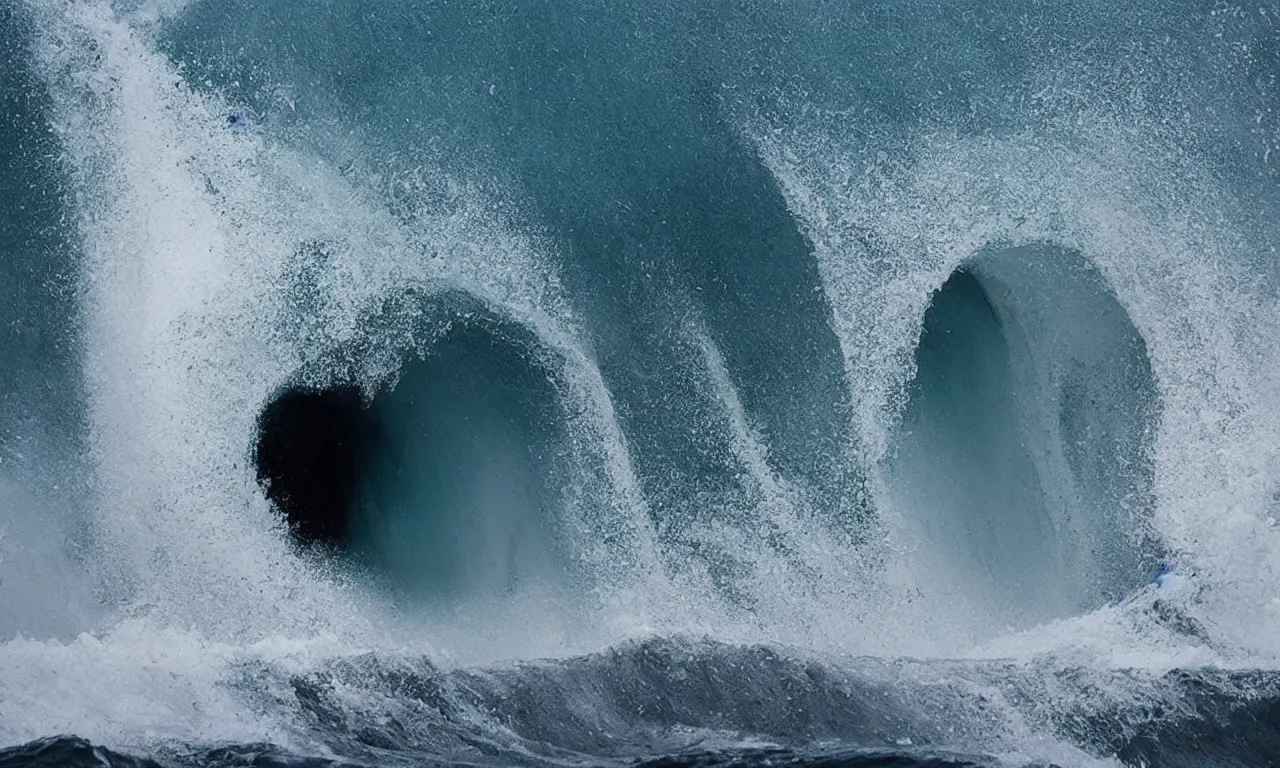 Prompt: giant waves rolling over, inside the tunnel, with great white shark inside the wave tunnel, by national geographic, high speed photography, refractions, nazare (portugal)