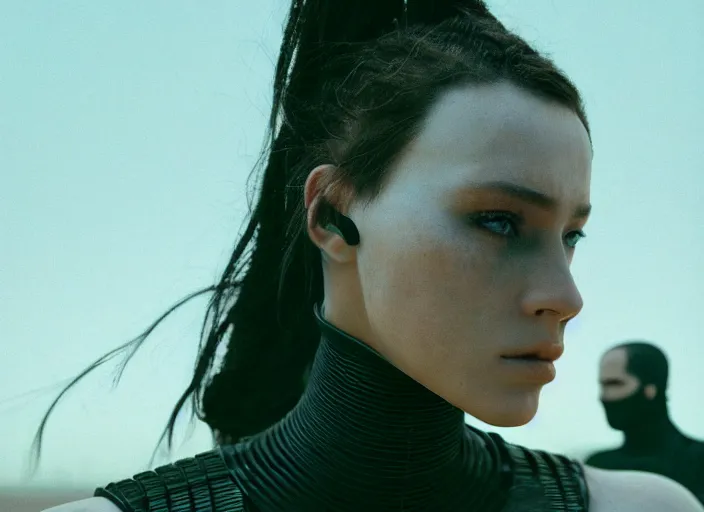 Image similar to cinestill 5 0 d photographic portrait of loving female androids wearing rugged black mesh techwear in a desolate american city, extreme closeup, modern cyberpunk, dust storm, 8 k, hd, high resolution, 3 5 mm, f / 3 2, ultra realistic faces, ex machina