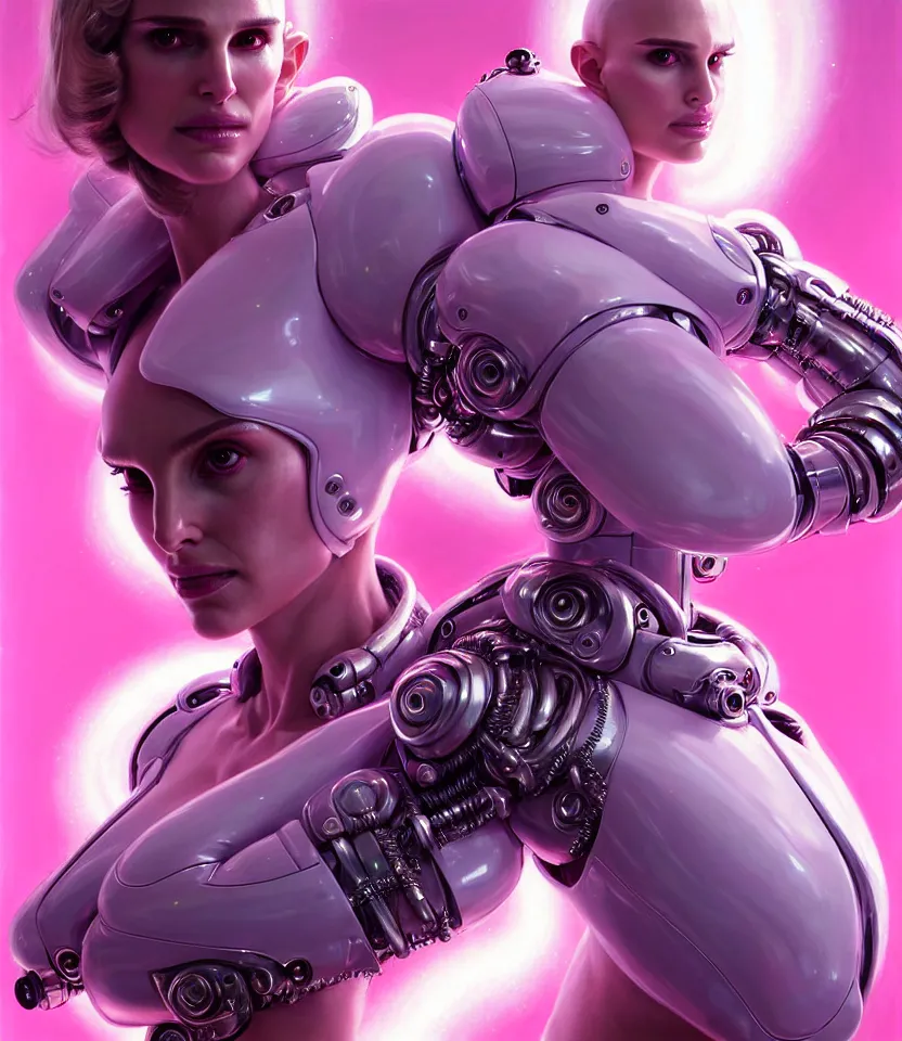 Image similar to beautiful fantasy character portrait of a natalie portman cyborg, wearing pink puffy bomber jacket with white fur, seductive reclining pose, lasers, ultra realistic, dramatic lighting, robots, the fifth element artifacts, highly detailed by peter mohrbacher, hajime sorayama, wayne barlowe, boris vallejo, aaron horkey, gaston bussiere, craig mullins