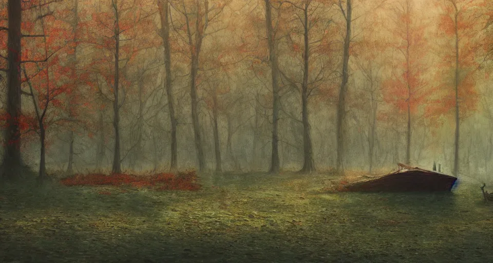 Image similar to an old broken ship in an autumn forest, green and red tones, by Aron Wiesenfeld and beksincki, cinematic, detailed illustration, nature, fog, dark colors, suspense, intricate, 8k