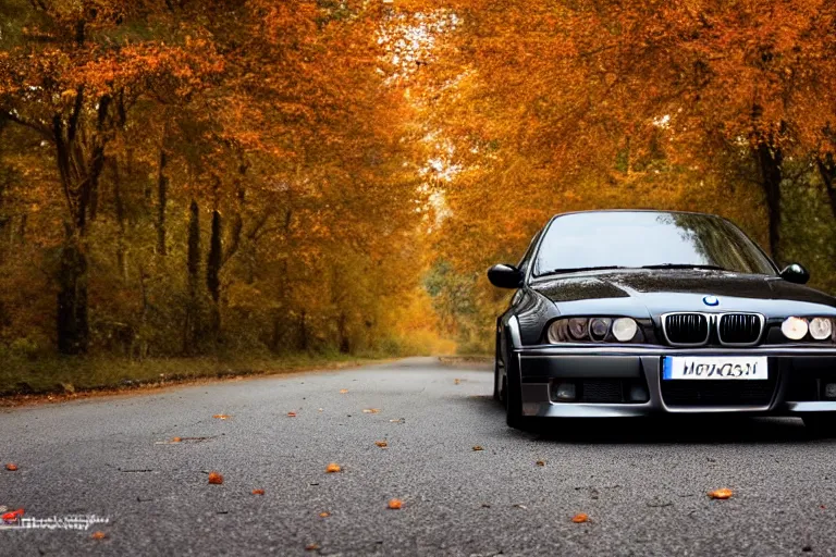 Image similar to A modified BMW e36 parked in a road with trees, autumn season, rain, Epic photography, taken with a professional camera, 10 mm, depth of field, highly detailed