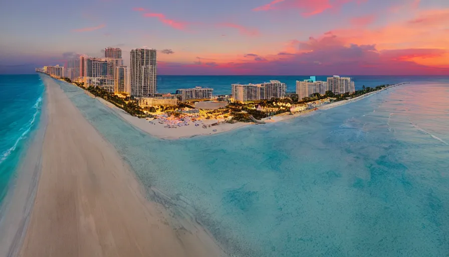 Image similar to miami hotels, unreal engine, digital art, drone photography, sunset, sharp focus, beach, vivid color, clear sky