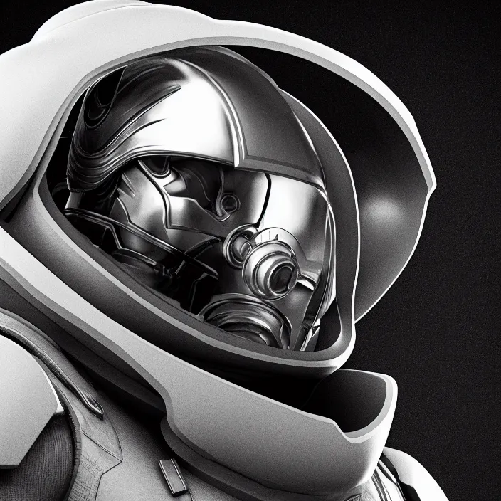 Prompt: a top down shot of a character in an spaceship by nihei tsutomu, front facing the camera, black and white, modern clean white armor, highly detailed, 3 d render, vray, octane, realistic lighting