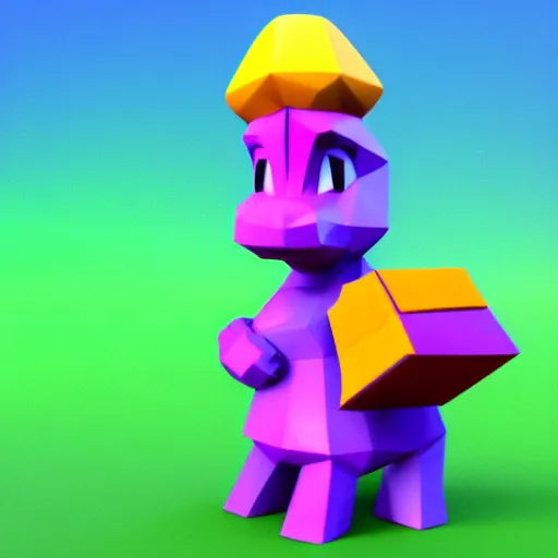 Image similar to a small purple animal with a yellow box on its head, a low poly render by miyamoto, polycount, rayonism, low poly, polycount, rendered in maya