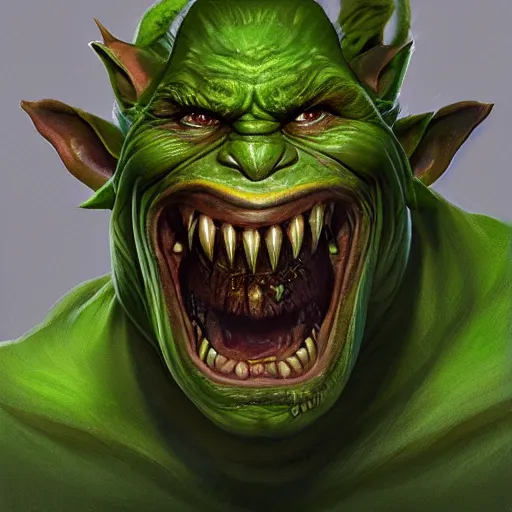 Image similar to Epic portrait A green fat goblin with a sharp chin stealing bag of money with his hands, Side profile, sharp teeth, small, digital painting, artstation, concept art, soft light, hdri, smooth, sharp focus, illustration, fantasy, intricate, elegant, highly detailed, D&D, matte painting, in the style of Greg Rutkowski and Alphonse Mucha and artemisia, 8k, highly detailed, jurgens, rutkowski, bouguereau, pastoral, rustic, georgic