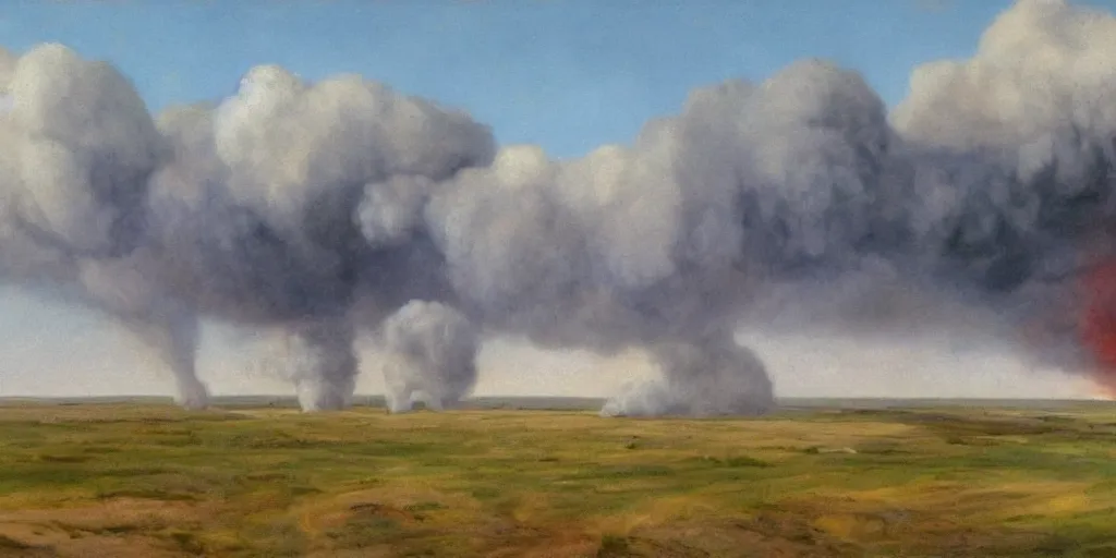 Image similar to an eastern front battlefield landscape, summertime, shell craters, distant smoke column on the horizon, oil painting in the style of peredvizhniki