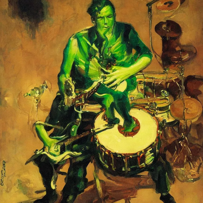 Image similar to a beautiful painting by dean cornwell of an octopus playing drums and telecaster guitar in a rock concert, dark background, green concert light, dark mood