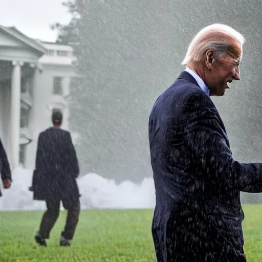 Image similar to a predator monster battling joe biden on the white house lawn during a storm, dramatic