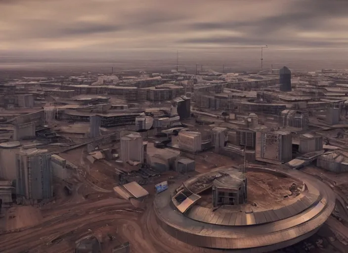 Prompt: cinematic shot of norilsk orbit city cityscape, telephoto, iconic scene from the paranoid thriller sci fi film directed by stanley kubrick, anamorphic cinematography, beautiful composition, color theory, leading lines, photorealistic, moody volumetric lighting