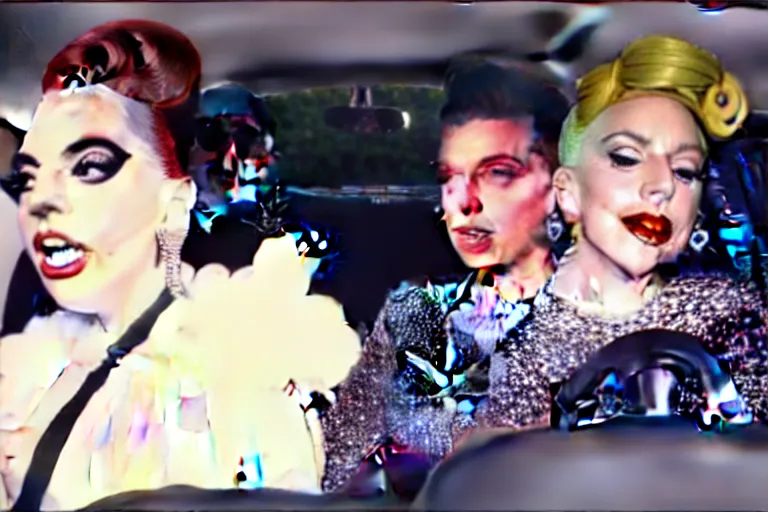 Image similar to lady gaga and judy garland doing carpool karaoke, lady gaga and judy garland, carpool karaoke, lady gaga, judy garland, carpool karaoke, youtube video screenshot, the late late show with james corden