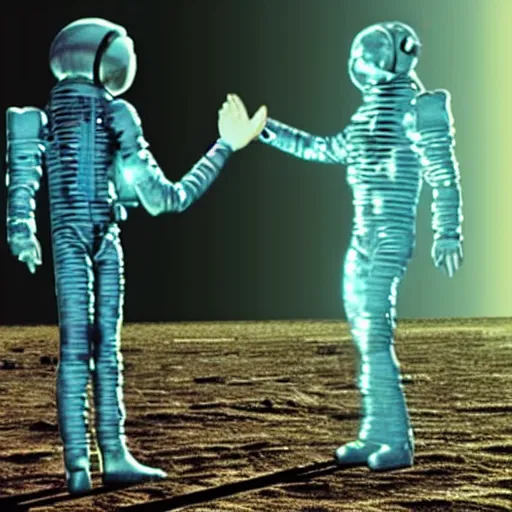 Image similar to a vhs glitch of an alien shaking hands with an astronaut