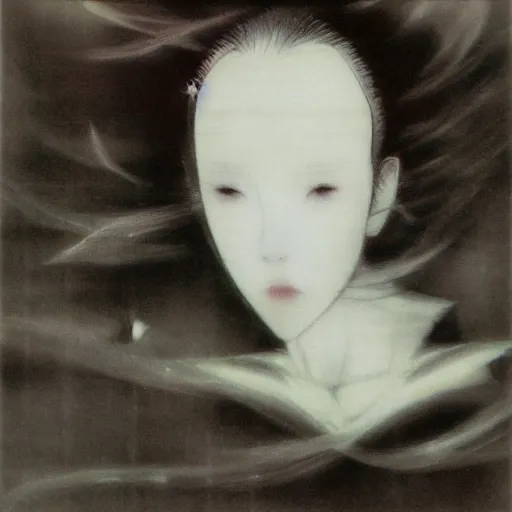 Image similar to Yoshitaka Amano dreamy and blurry portrait of an anime girl with white hair and cracks on her face wearing dress suit with tie fluttering in the wind, abstract black and white patterns on the background, head turned to the side, noisy film grain effect, highly detailed, Renaissance oil painting, weird camera angle