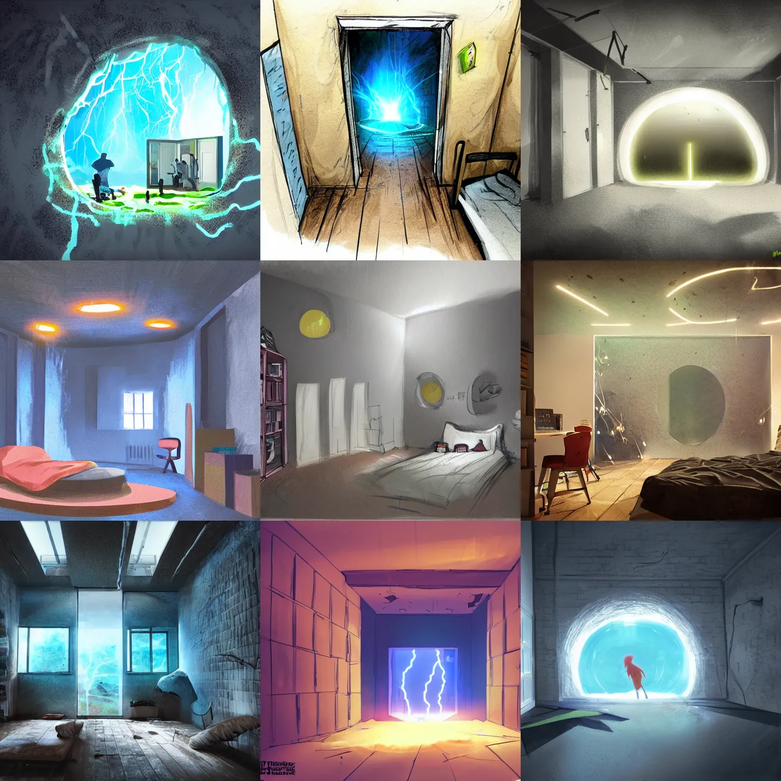 Prompt: a teenager room, a wild electric storm is seen through a great hole in one of the walls concept art