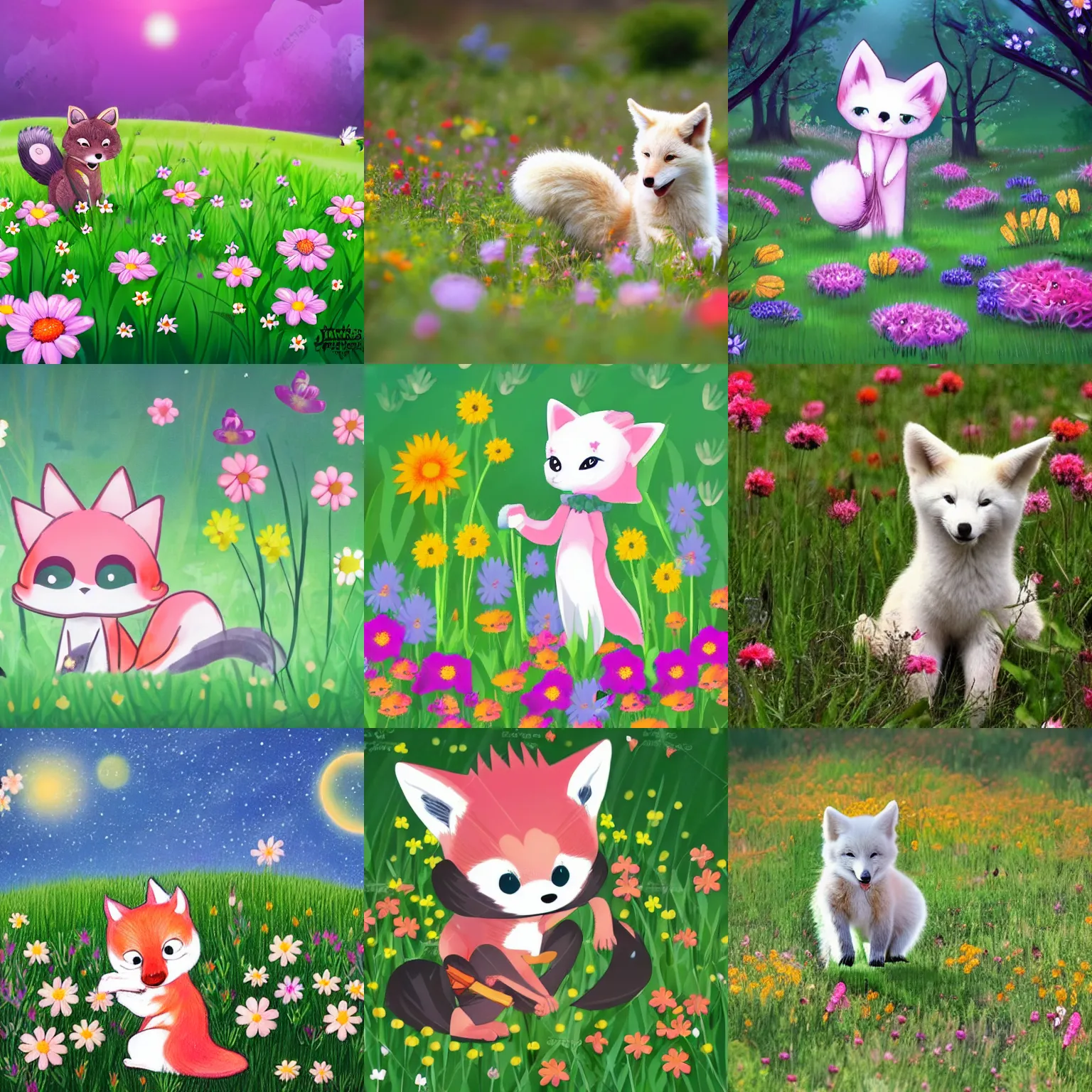 Prompt: Cute kitsune picking flowers in a meadow