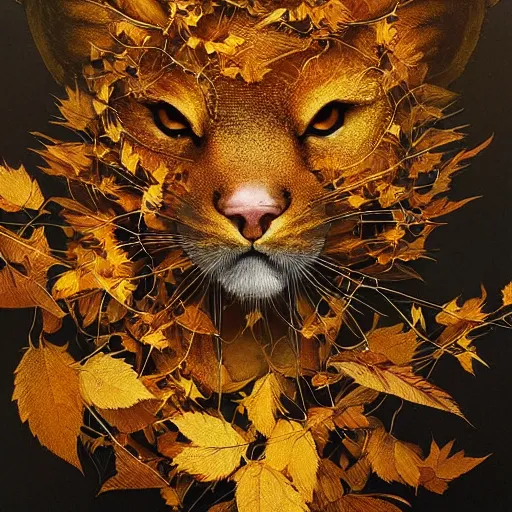 Image similar to golden leaves at frame border, creative!!! composition for a book cover, absurdly beautiful, ultrafine hyperrealistic detailed animal face by wlop and artgerm and greg rutkowski, intricate linework, sharp focus, smooth, octopath traveler, final fantasy, unreal engine, dramatic lighting, ethereal, 8 k