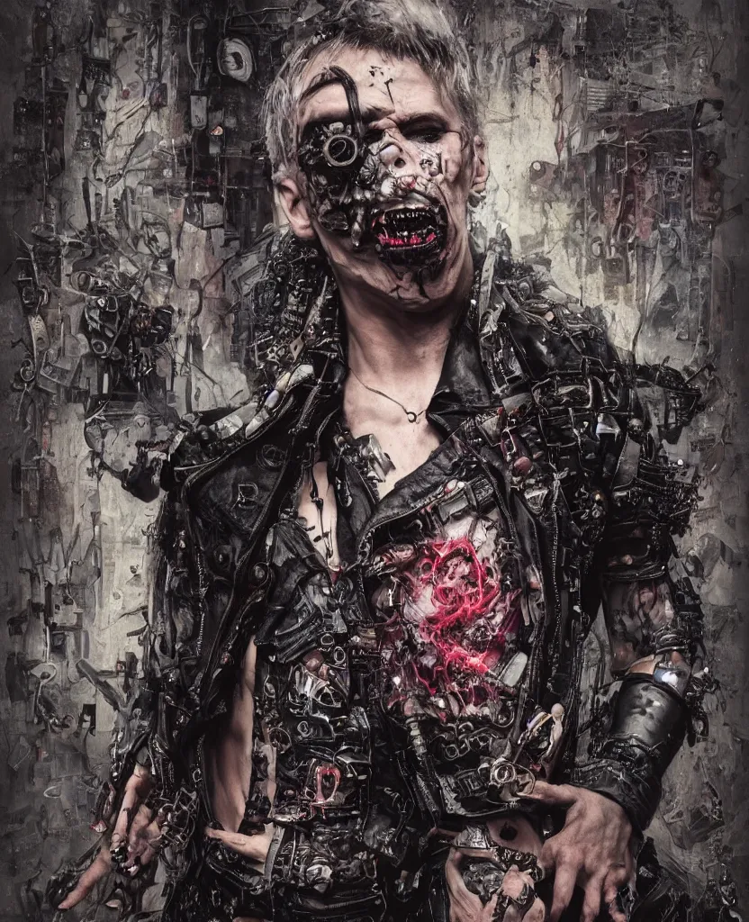 Image similar to a cyberpunk man in a punk battlevest opening his shirt to reveal a gaping maw embedded in his chest, artstation contest winner, dark art, gerald brom, michael hussar, gothic, body horror, cronenberg