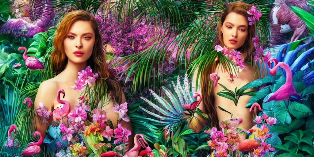 Prompt: photo realistic depiction of a beautiful woman face surrounded by orchids, lion fish, and colorful flamingos style by salvador dali, hyper realistic, octane rendered