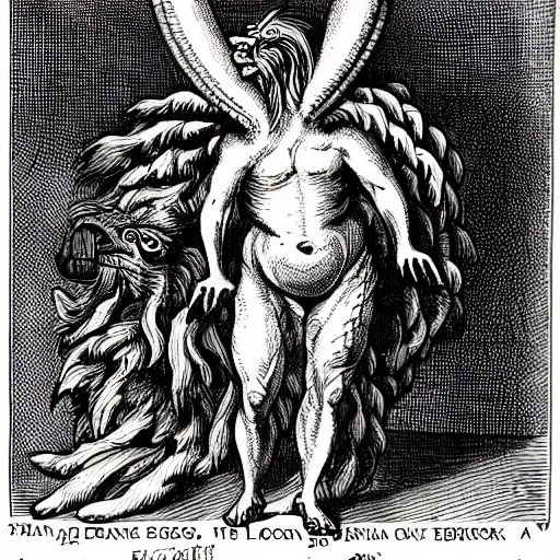 Image similar to a creature with the body and eyes of a man, with the beak of an eagle, the mane of a lion, and the horns of an ox. drawn by francis bacon