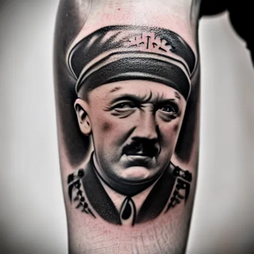 Prompt: tattoo of adolf hitler and coat of arms of ukraine many details, super realistic, high quality, 8 k
