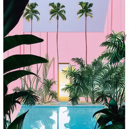 Image similar to indoor space, golden light, greg rutkowski, palm trees, pink door, minimalistic, hyperrealistic surrealism, award winning masterpiece with incredible details, epic stunning, infinity pool mirrors, a surreal vaporwave miami vice space, highly detailed, trending on artstation, artgerm and greg rutkowski and alphonse mucha, daily deviation