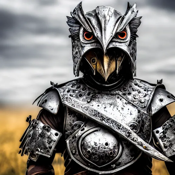 Image similar to photo of a warrior with metal owl theme armour, 4 k, hdr, smooth, sharp focus, high resolution, award - winning photo