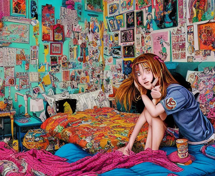 Image similar to highly detailed colorful illustration of a teenager in her room in the 9 0's, clean shaped illustration by kim jung gi, ron english and eiichiro oda