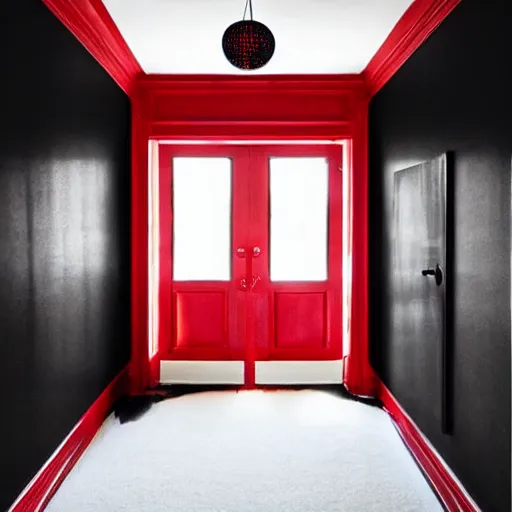 Image similar to an all black room with a glowing red door on the far side, surreal,