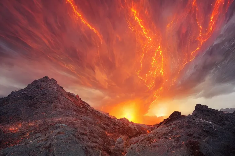 Image similar to amazing landscape photo of mountains with lava lake in sunset by marc adamus beautiful dramatic lighting, Gediminas Pranckevicius